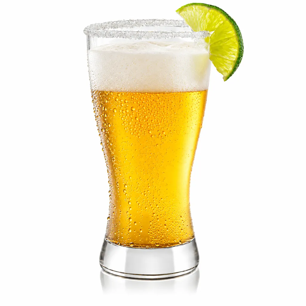 Cerveza dorada con lima y borde salado.webp