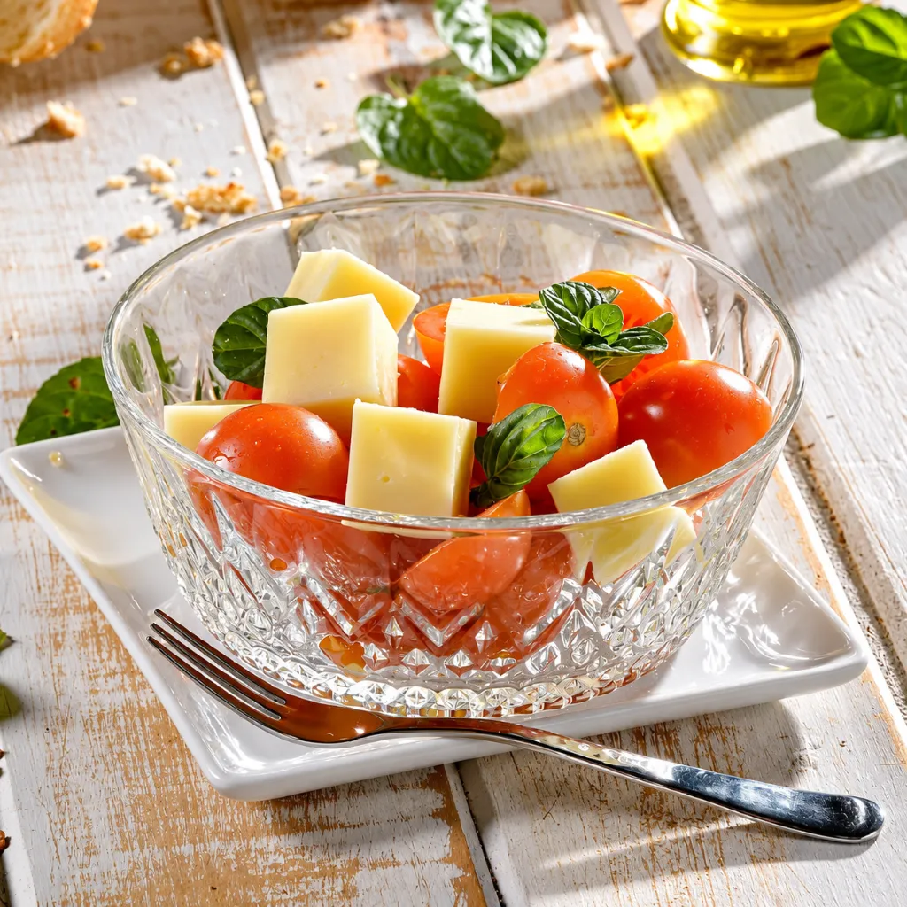 Ensalada de tomates, queso y albahaca.webp