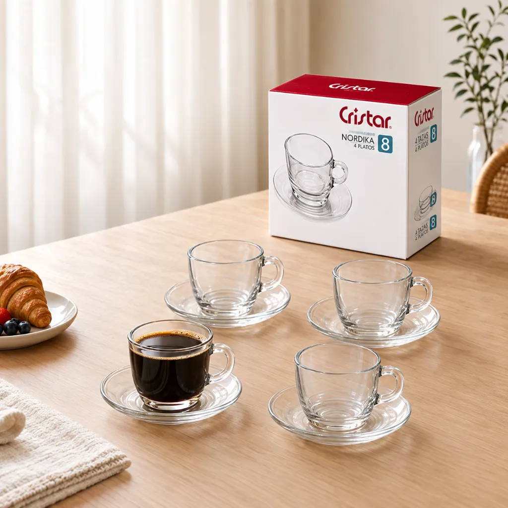 Tazas Cristar y caja sobre mesa beige.webp